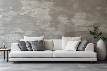 Modern Living Room Interior Cozy White Sofa, Marble Stone Wall