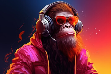 A monkey listening to music with headphones, on a gradient background