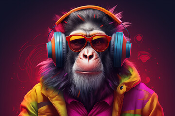 A monkey listening to music with headphones, on a gradient background