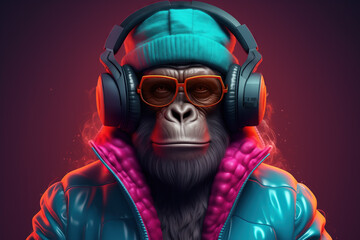 A trendy ape listening to music with headphones, on a gradient background - obrazy, fototapety, plakaty