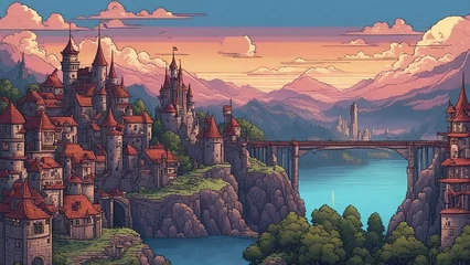 Schilderijen op glas anime-inspired cartoon,  anime       _ A pixel art illustration of a fantasy cityscape at dawn with castles,   magic,   © Jared