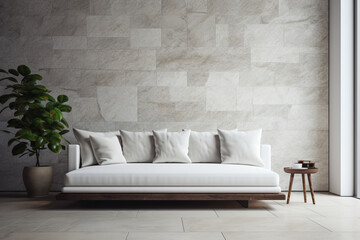Fototapeta na wymiar Modern Living Room Interior Cozy White Sofa, Marble Stone Wall