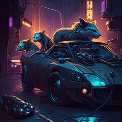  4 rats cursing in a sports car cyberpunk neon lighting