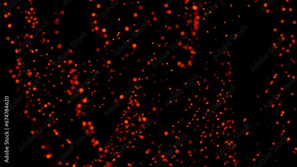 Poster blinking particles on thin hairs move on a black background. looped animation. 3d render.