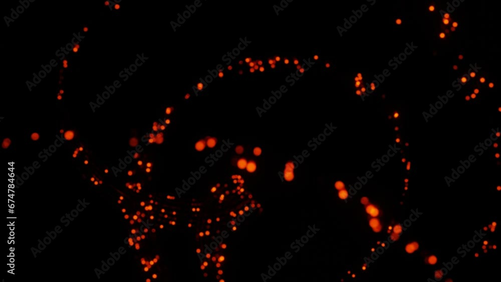 Poster blinking particles on thin hairs move on a black background. looped animation. 3d render.
