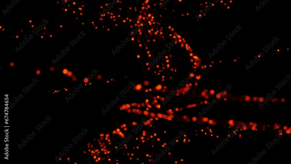 Poster blinking particles on thin hairs move on a black background. looped animation. 3d render.