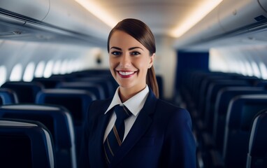 Portrait of young adult beautiful flight attendant inside passenger plane feeling proud and...