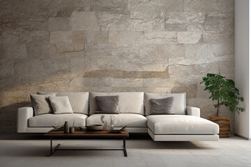 Modern Living Room Interior Cozy White Sofa, Marble Stone Wall