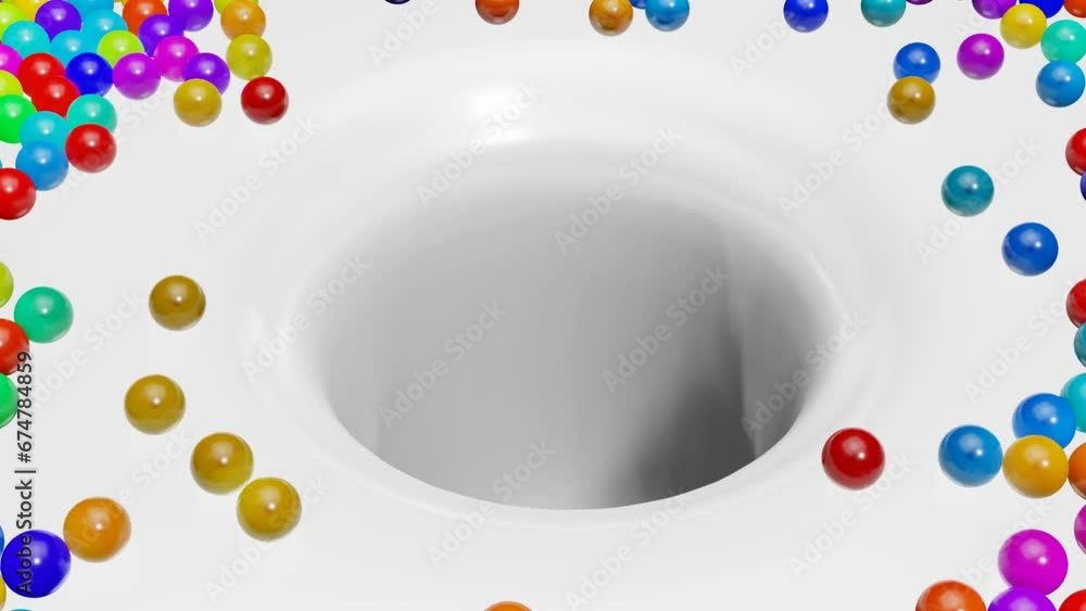 Aufkleber multi-colored balls fall and are collected in a hole in the center. 3d render.