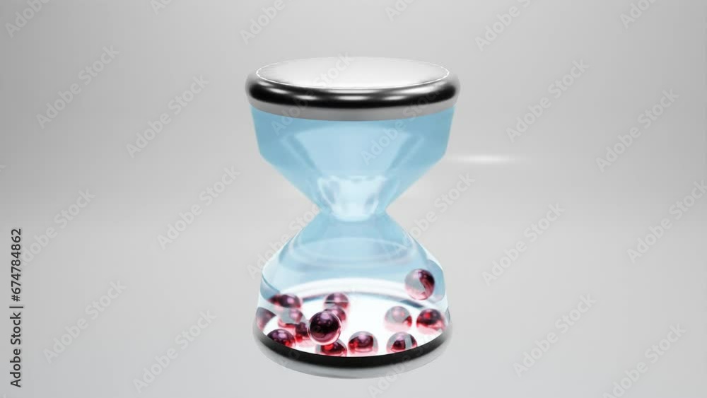 Poster stylized transparent hourglass with red balls inside rotates. looped animation. 3d render.