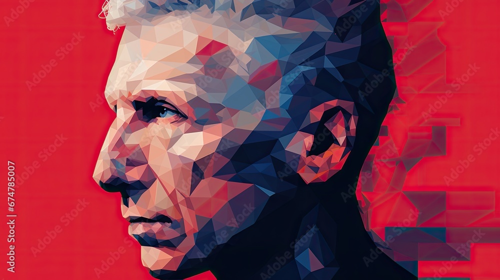 Poster a close up of a person wearing a suit and tie with a red background and a black and white image of a