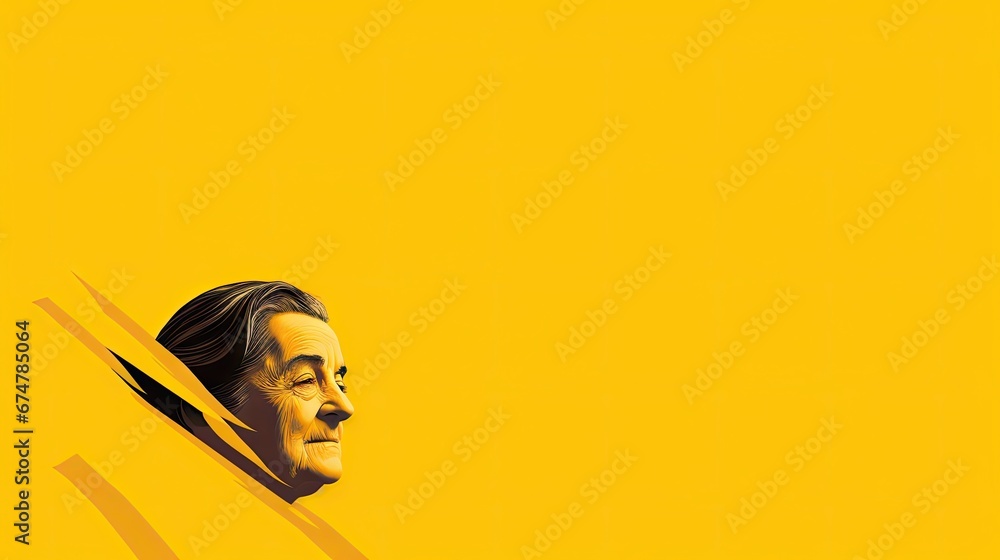 Poster a close up of a person's face on a yellow background with a shadow of a man's head. generative ai