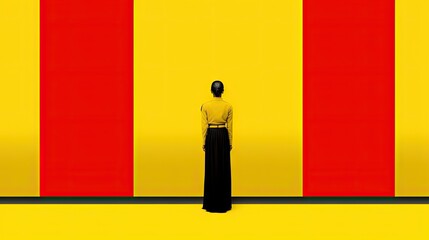  a woman standing in front of a yellow and red striped wall with her back to the camera and her back to the camera.  generative ai