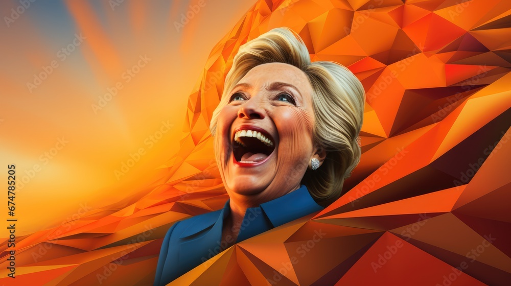 Poster a close up of a person smiling with a background of orange and yellow shapes and a yellow sky in the