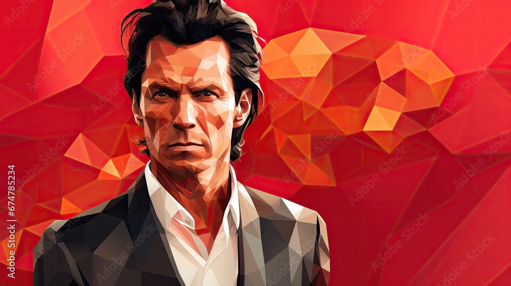 Aufkleber a painting of a man in a suit on a red background with a low polygonic design of him. generative ai