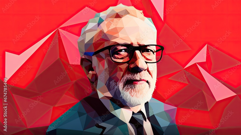Aufkleber a portrait of a man with glasses and a beard in front of a background of red and pink geometric shap