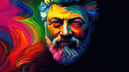  a painting of a man with a beard and multicolored smoke coming out of his mouth, with a black background.  generative ai