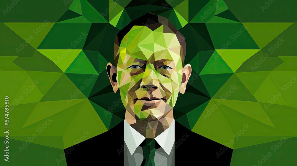 Poster a man wearing a suit and tie in front of a green background with a triangle pattern on the back of h