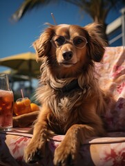 Dog on the beach in sunglasses