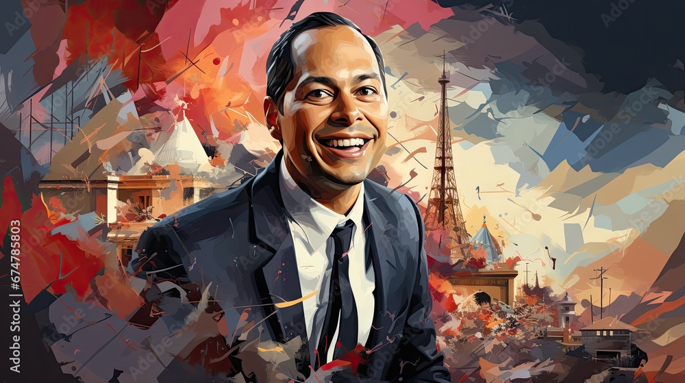Poster a painting of a man in a suit and tie in front of a painting of the eiffel tower. generative ai