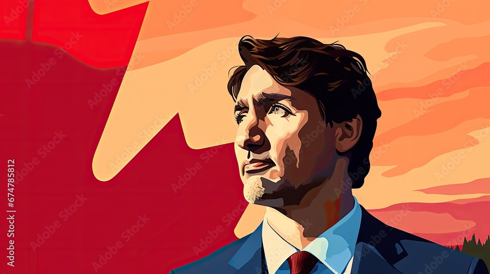 Poster a man in a suit and tie standing in front of a red background with a bird in the sky above him. gene