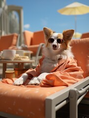Dog on the beach in sunglasses