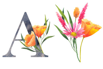 Letter A with watercolor wildflowers. Floral alphabet, set isolated letters with botanical bouquet. monogram initials perfectly for wedding invitation, birthday, greeting card and other design