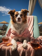 Dog on the beach in glasses