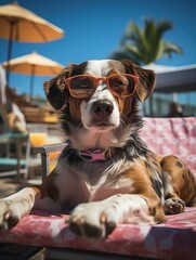 Dog on the beach in sunglasses