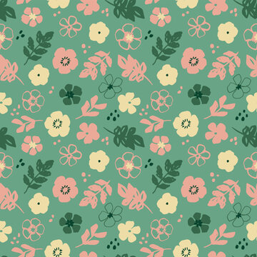 Cute pretty small floral seamless pattern in happy pastel spring colors of green, yellow, and pink. Small flowers for kids clothing, home decor, nursery, gift wrapping paper, invites, cards