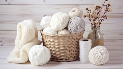 Fototapeta na wymiar Yarn for crochet and basket for handmade on white wooden boards in shabby chic style