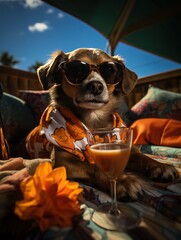 Dog on the beach in sunglasses