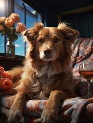 Dog on the beach in glasses