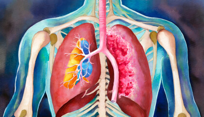 Illustration of Pulmonary Embolism blood clots in one lung - obrazy, fototapety, plakaty