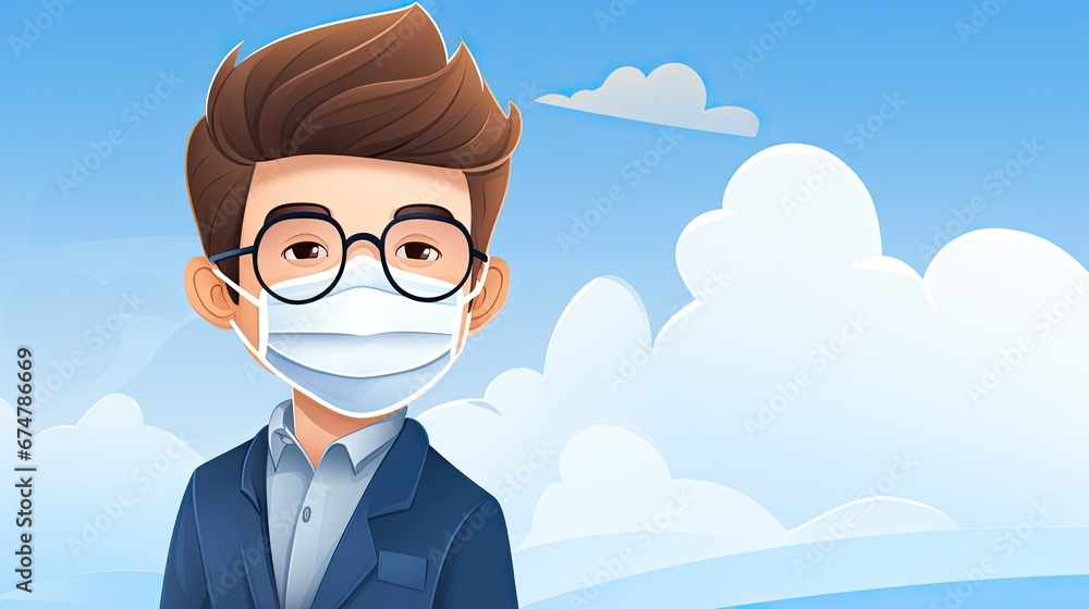Poster a man wearing a face mask in front of a blue sky and clouds with clouds in the sky behind him. gener