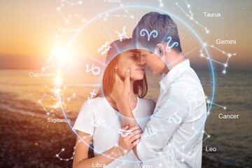 Concept of love, happy couple and zodiac signs