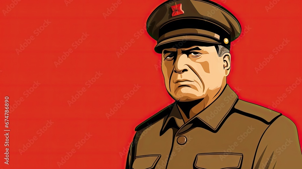 Poster a drawing of a man in a military uniform with a red wall behind him and a red background behind him.