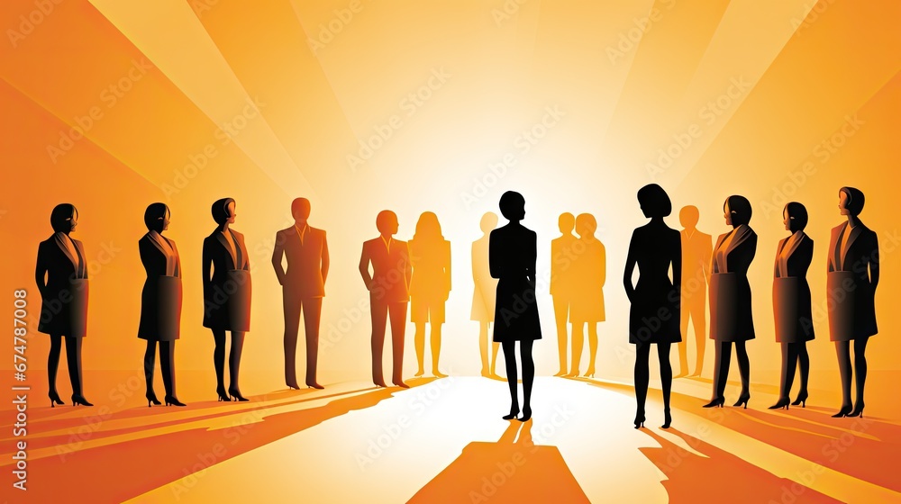 Poster a group of people standing in a line in front of an orange background with the sun shining down on t
