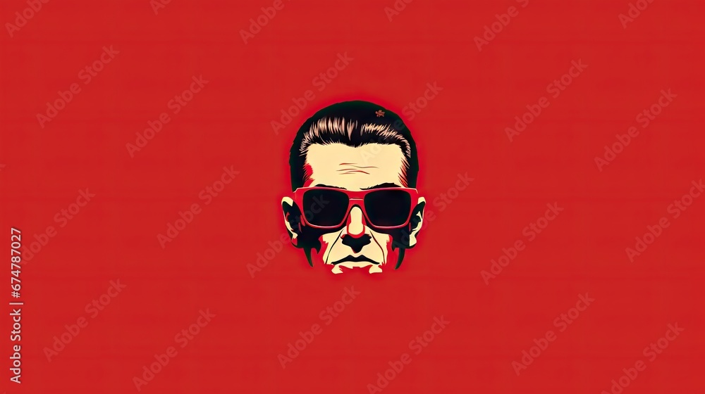 Poster a man with sunglasses and a mustache on a red background with the image of a man with a mustache on 