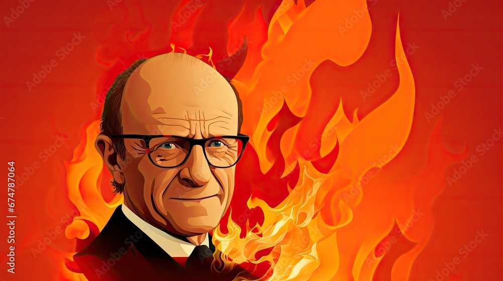 Poster a man in a suit and tie in front of a red background with a fireball in the foreground. generative a