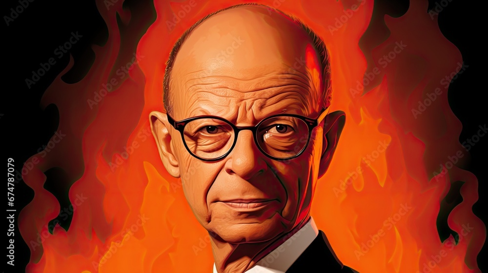 Poster a portrait of a man in a suit and tie in front of a blazing background of red and orange flames. gen