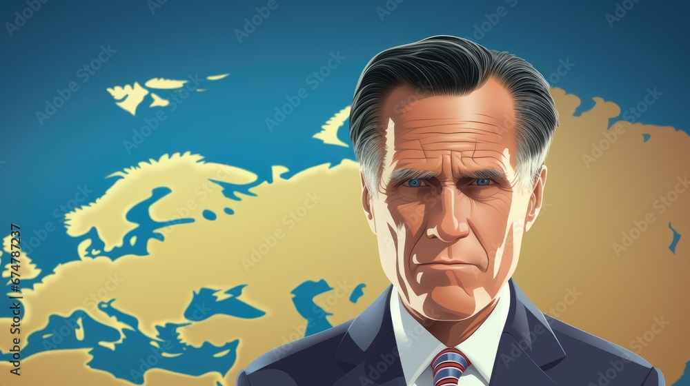Poster a painting of a man in a suit and tie in front of a map of the world with a map of europe in the bac