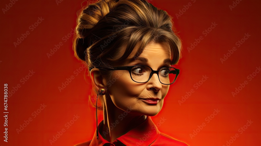 Canvas Prints  a painting of a woman wearing glasses and a red shirt with her hair in a bun and a pair of earrings.  generative ai