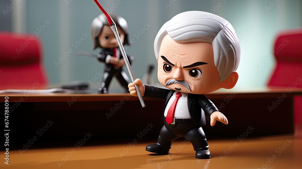 Poster a figurine of a man holding a sword in front of a desk with a chair in the background. generative ai