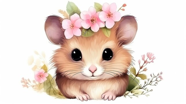 watercolor style illustration of happy baby rat in flower blossom garden, idea for home wall decor, kid room, Generative Ai