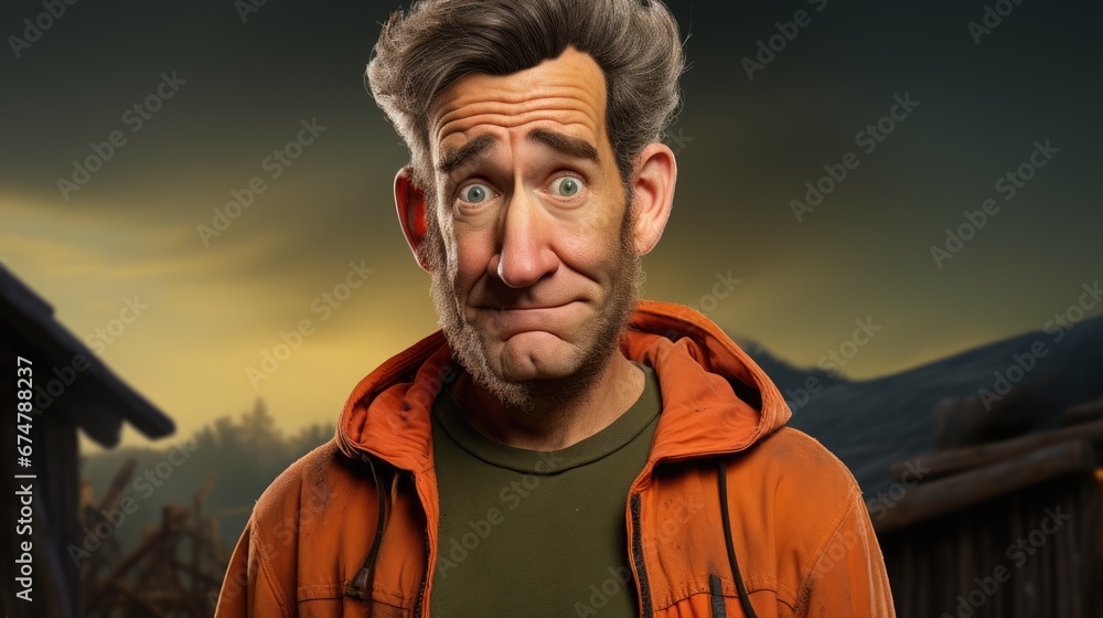 Poster  a man in an orange jacket with a surprised look on his face and a house in the background with a full moon in the sky.  generative ai