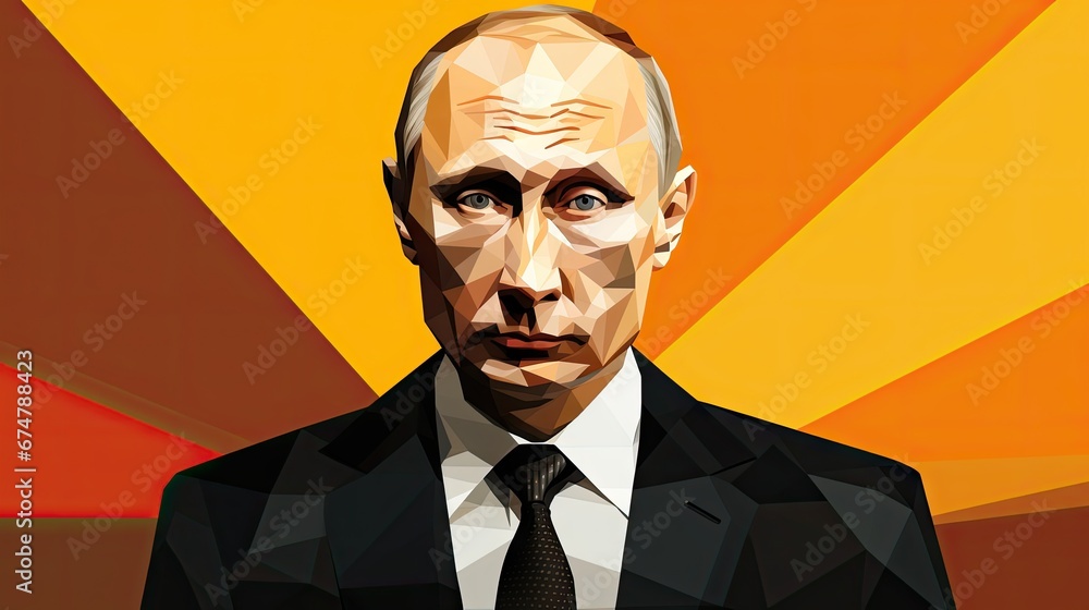 Poster  a man in a suit and tie standing in front of an orange and yellow background with the image of a man in a suit and tie.  generative ai