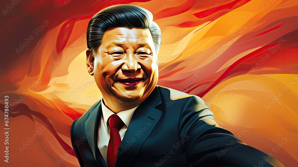 Poster a caricature of a man in a suit and tie with a red and yellow swirl in the background. generative ai