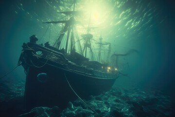 Glowing sunken pirate ship underwater with a giant squid. beautiful Generative AI AIG32