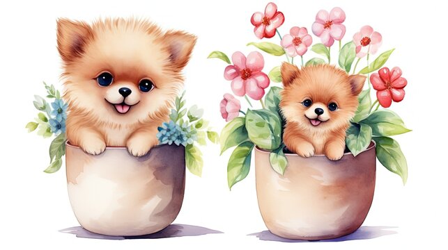 watercolor style illustration of happy baby pomeranian dog puppy  in flower plant pot blossom garden, idea for home wall decor, kid room, Generative Ai